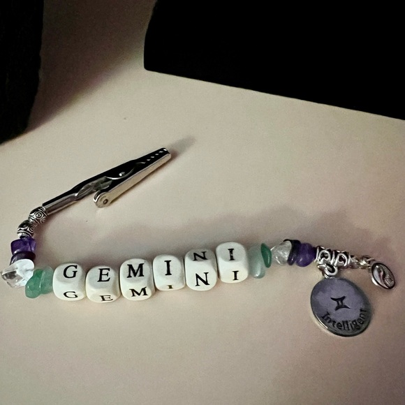 GEMINI Smoker’s Helper Roach Clip with Wooden Beads and Green & Purple Gemstones - Picture 2 of 16